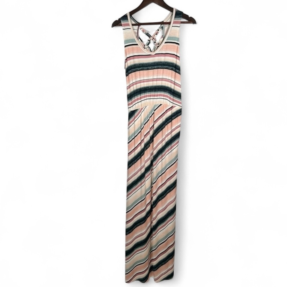 Maurices Pink and Green Sleeveless V-Neck Maxi Sundress Maxidress